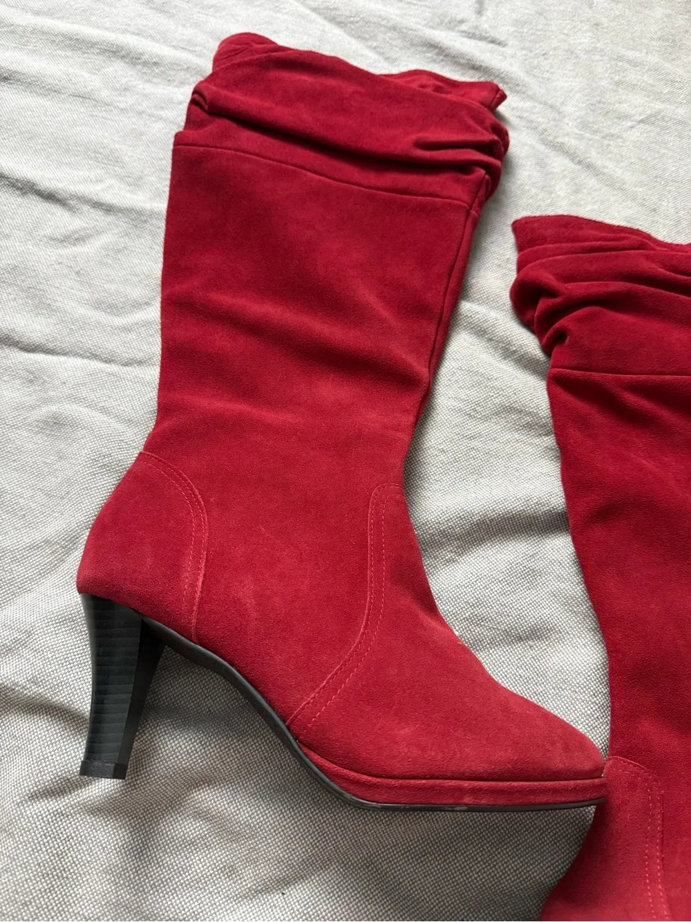 Hot in Hollywood Red Suede Slouch Over-the-Knee Heeled Boots